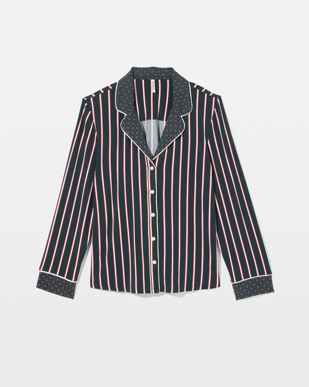 Cool Nights Long Sleeve Notch Collar with Piped Placket Pajama Top - MIDNIGHT STRIPE GREEN JOL | Soma Women