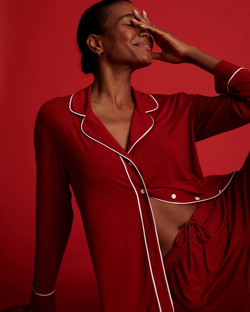 Long Sleeve Notch Collar w/ Piped Placket Pajama Top - PAINT THE TOWN RED | Soma Women