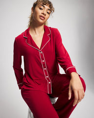 Long Sleeve Notch Collar w/ Piped Placket Pajama Top - PAINT THE TOWN RED | Soma Women