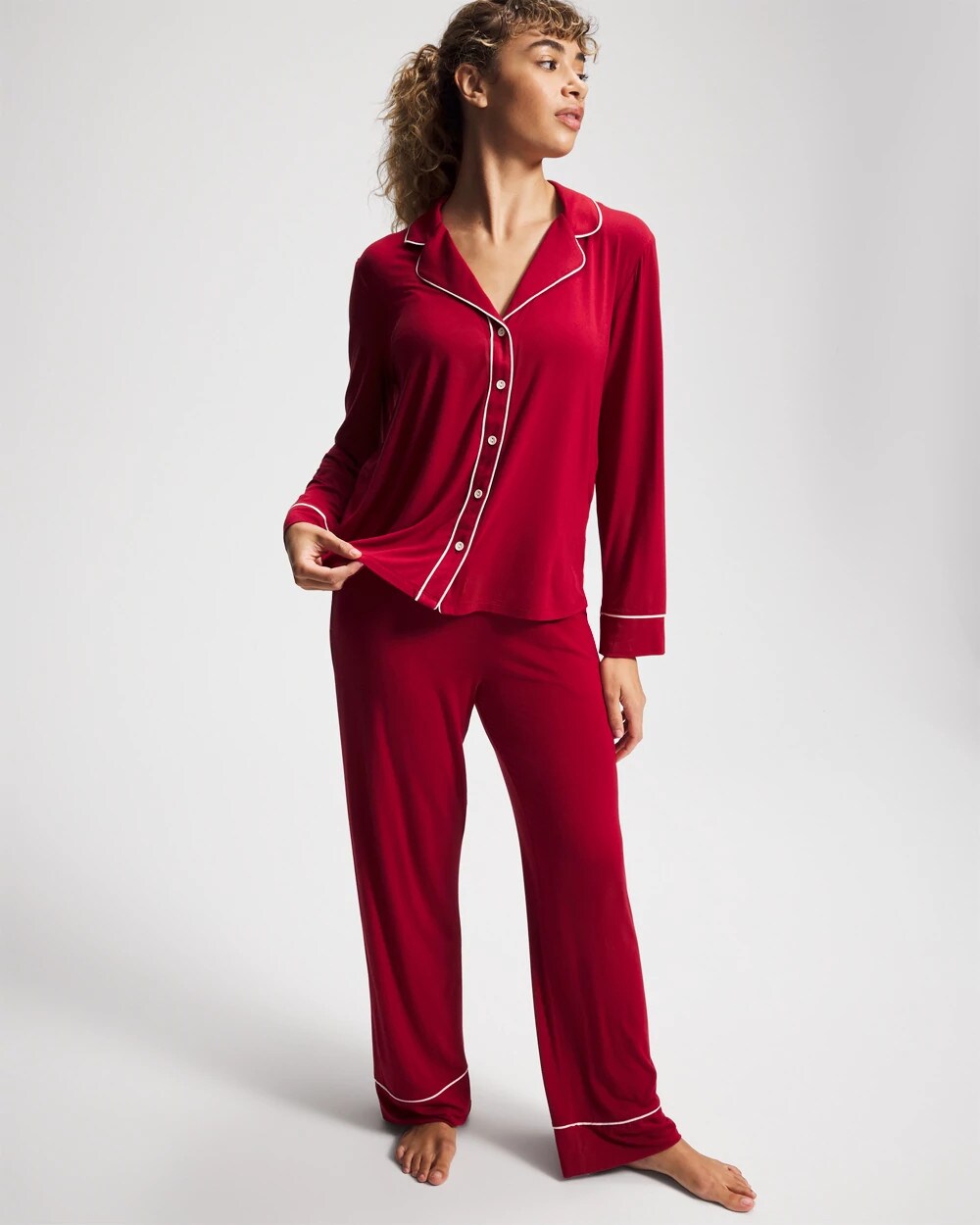 Long Sleeve Notch Collar w/ Piped Placket Pajama Top - PAINT THE TOWN RED | Soma Women