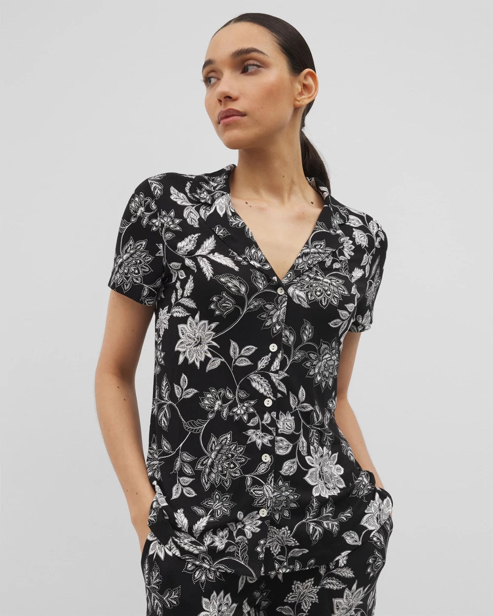 Short Sleeve Notch Collar Pajama Top - MEANDERING GARDEN BLACK | Soma Women
