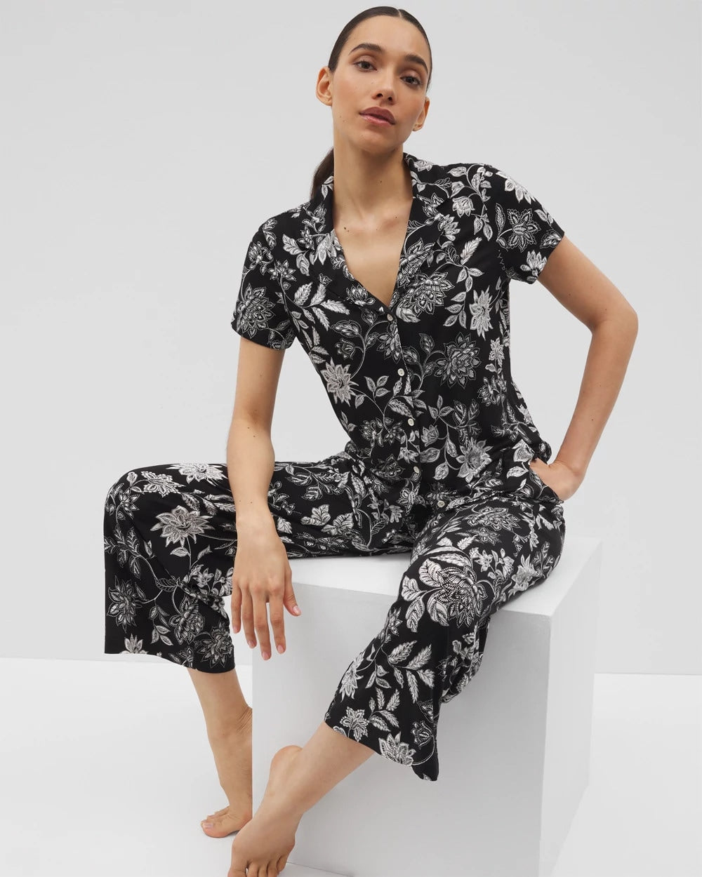 Short Sleeve Notch Collar Pajama Top - MEANDERING GARDEN BLACK | Soma Women