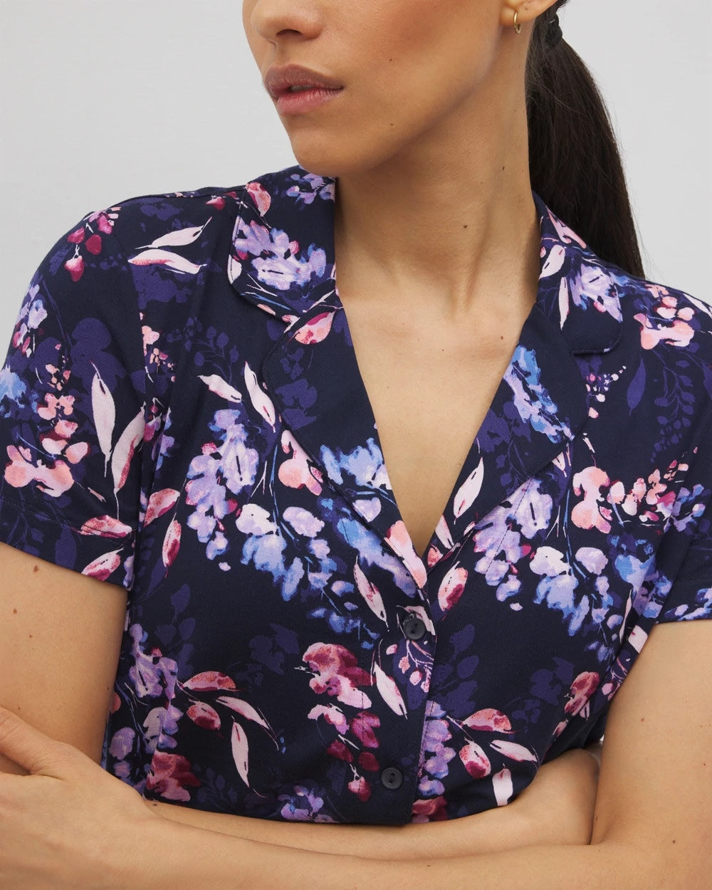 Short Sleeve Notch Collar Pajama Top - BLOOM BRIGHTLY NAVY | Soma Women