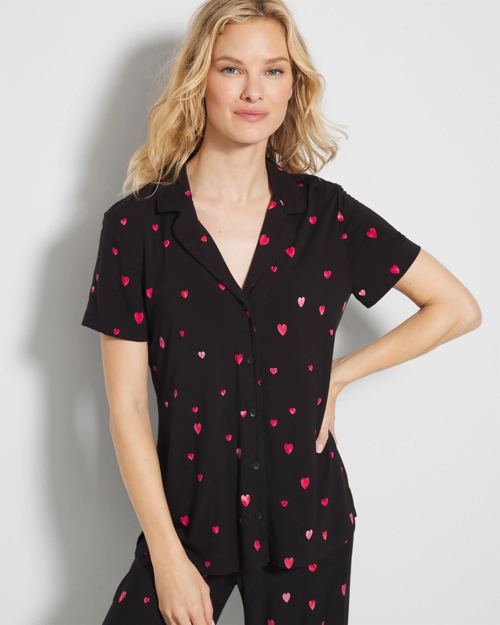 Short Sleeve Notch Collar Pajama Top - FLOATING HEARTS BLACK RED | Soma Women