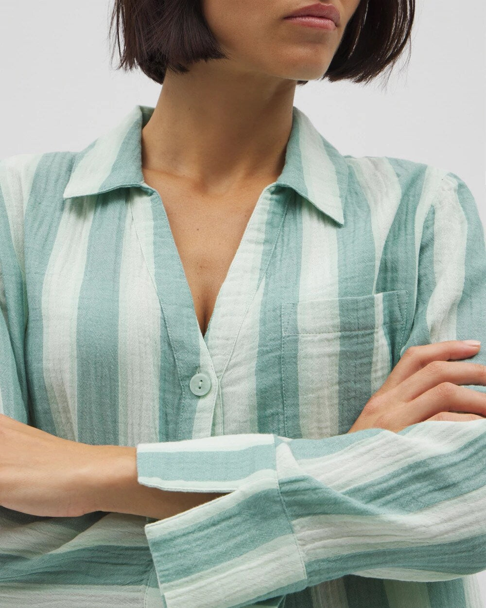 Cotton Gauze Long Sleeve Notch Collar Pajama Top - TEAL STRIPE | Soma Women