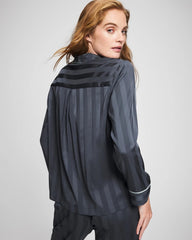 Shadow Stripe Long Sleeve Pajama Notch Collar Top - PETROL | Soma Women