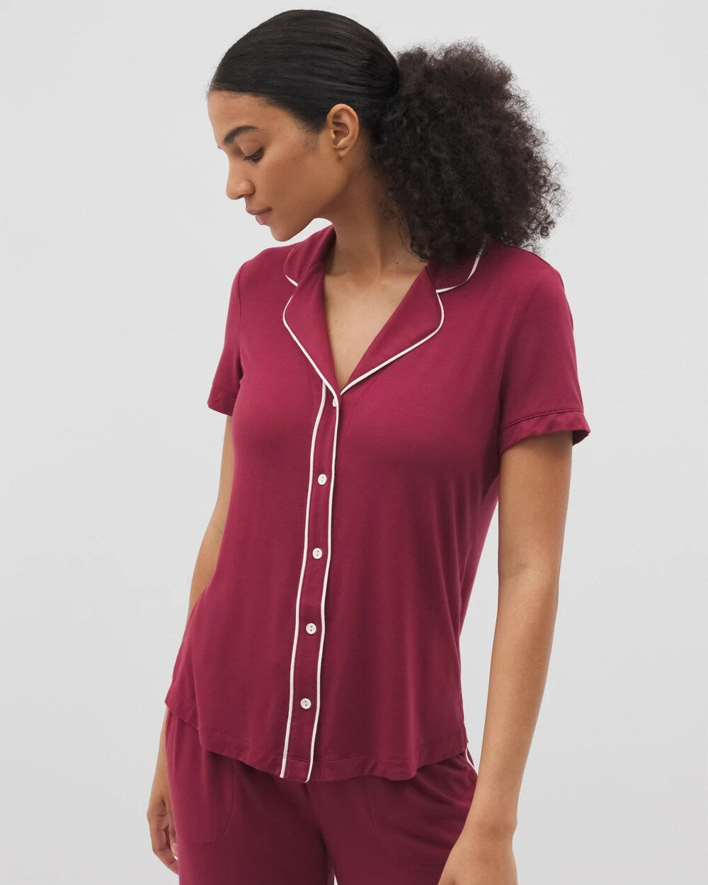 Solid Short Sleeve Notch Collar Pajama Top - GARNET | Soma Women