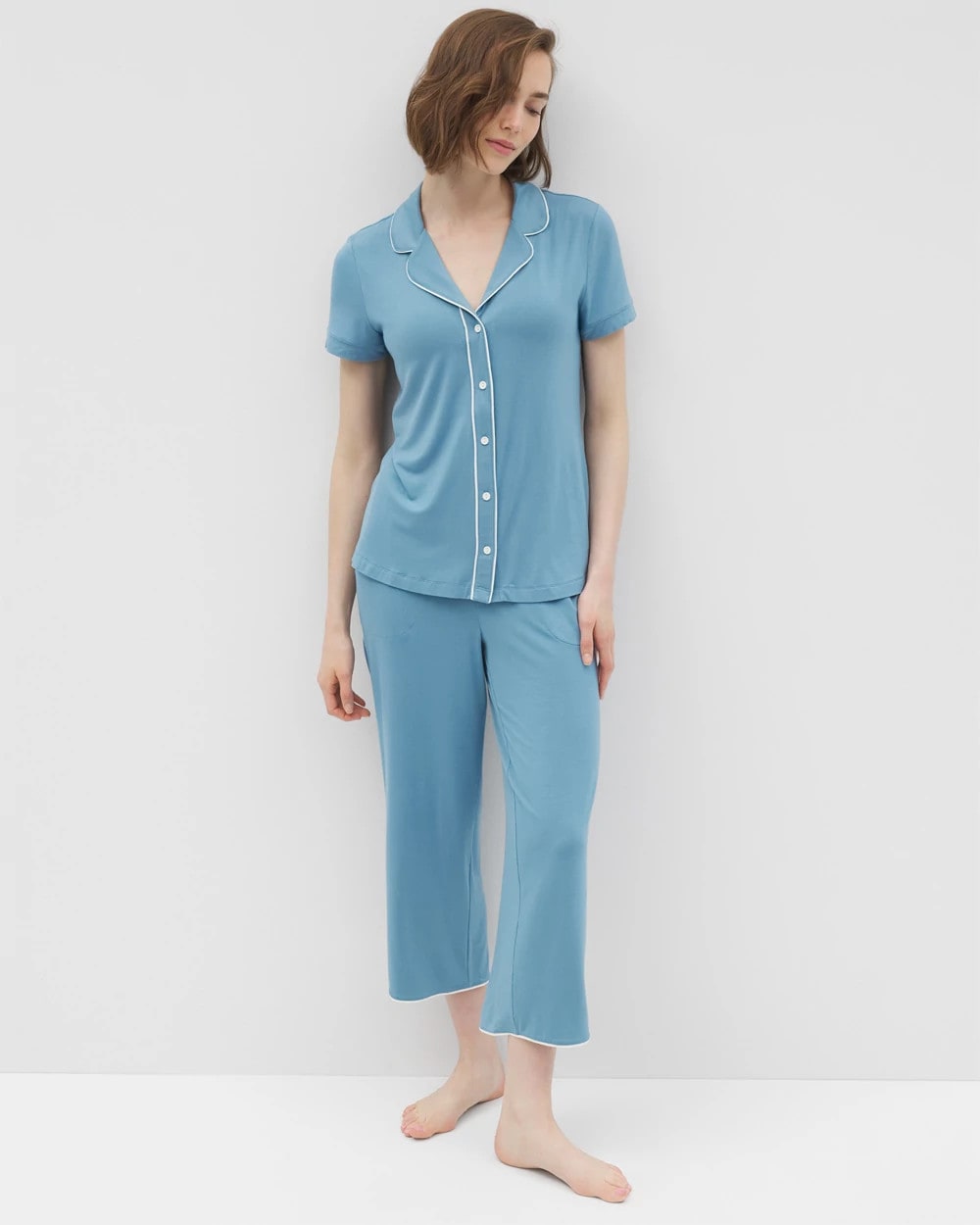 Solid Short Sleeve Notch Collar Pajama Top - BLUE HEAVEN | Soma Women