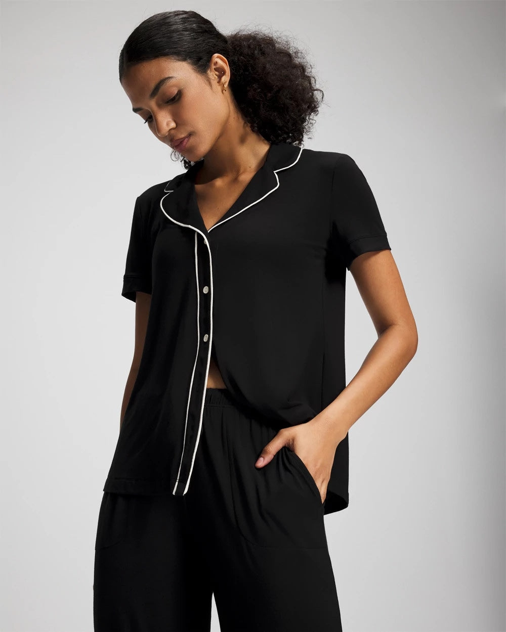 Solid Short Sleeve Notch Collar Pajama Top - BLACK | Soma Women