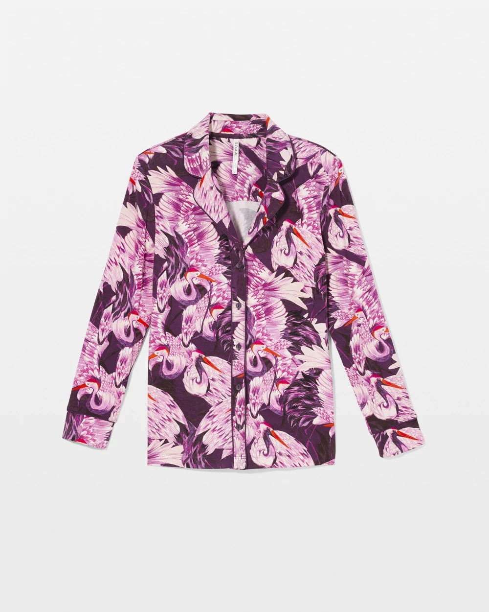 Long-Sleeve Printed Notch Collar Pajama Top - COURTING CRANES BLKBRY | Soma Women