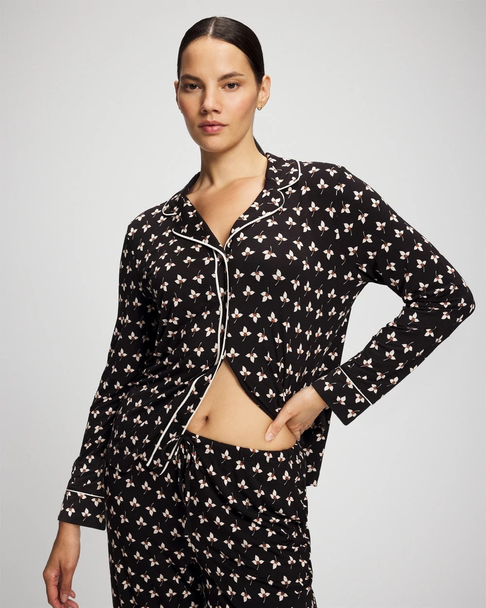 Long-Sleeve Printed Notch Collar Pajama Top - PEACEFUL PETALS BLACK | Soma Women