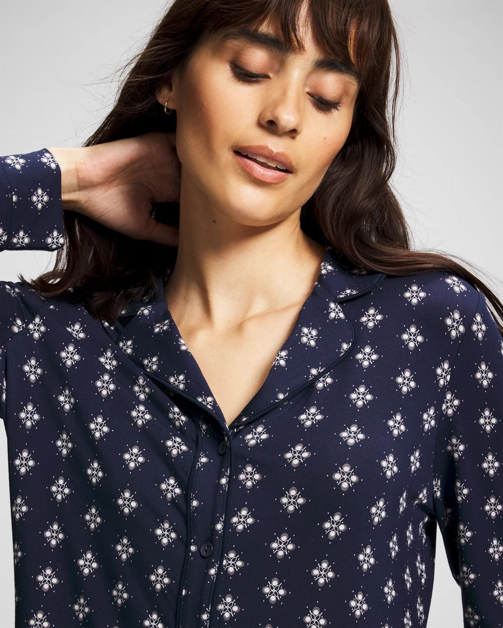 Long-Sleeve Printed Notch Collar Pajama Top - BELLE FOULARD NAVY | Soma Women