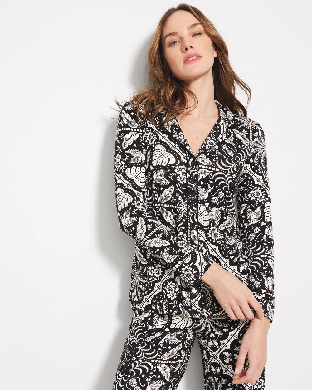 Long-Sleeve Printed Notch Collar Pajama Top - AMAZONIA TILE BLACK | Soma Women