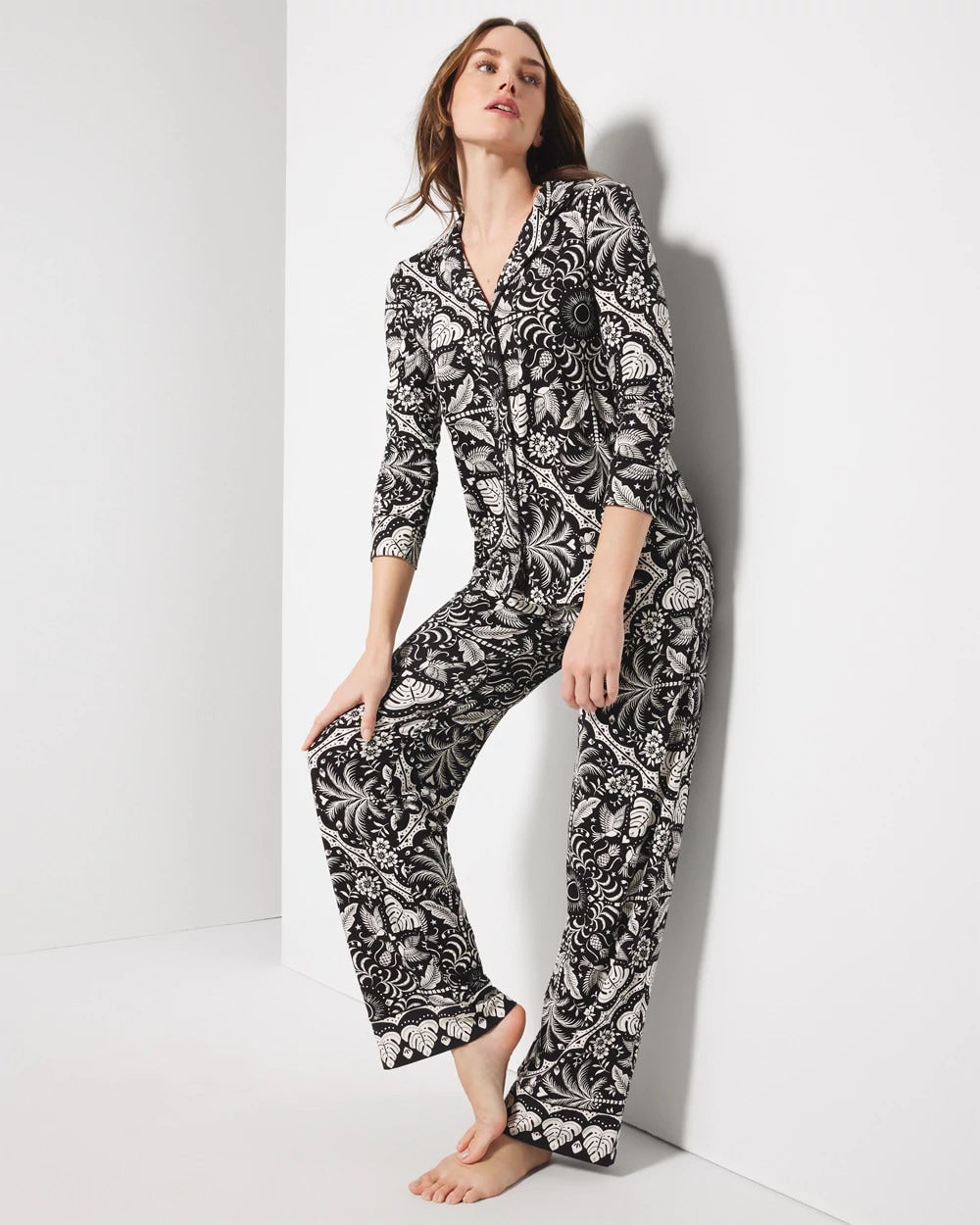 Long-Sleeve Printed Notch Collar Pajama Top - AMAZONIA TILE BLACK | Soma Women
