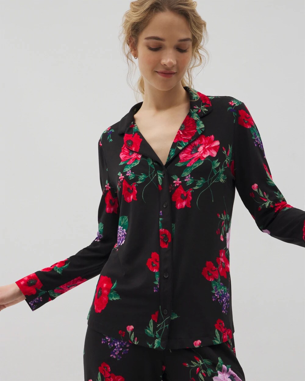 Long-Sleeve Printed Notch Collar Pajama Top - RHAPSODY FLORA BLACK | Soma Women