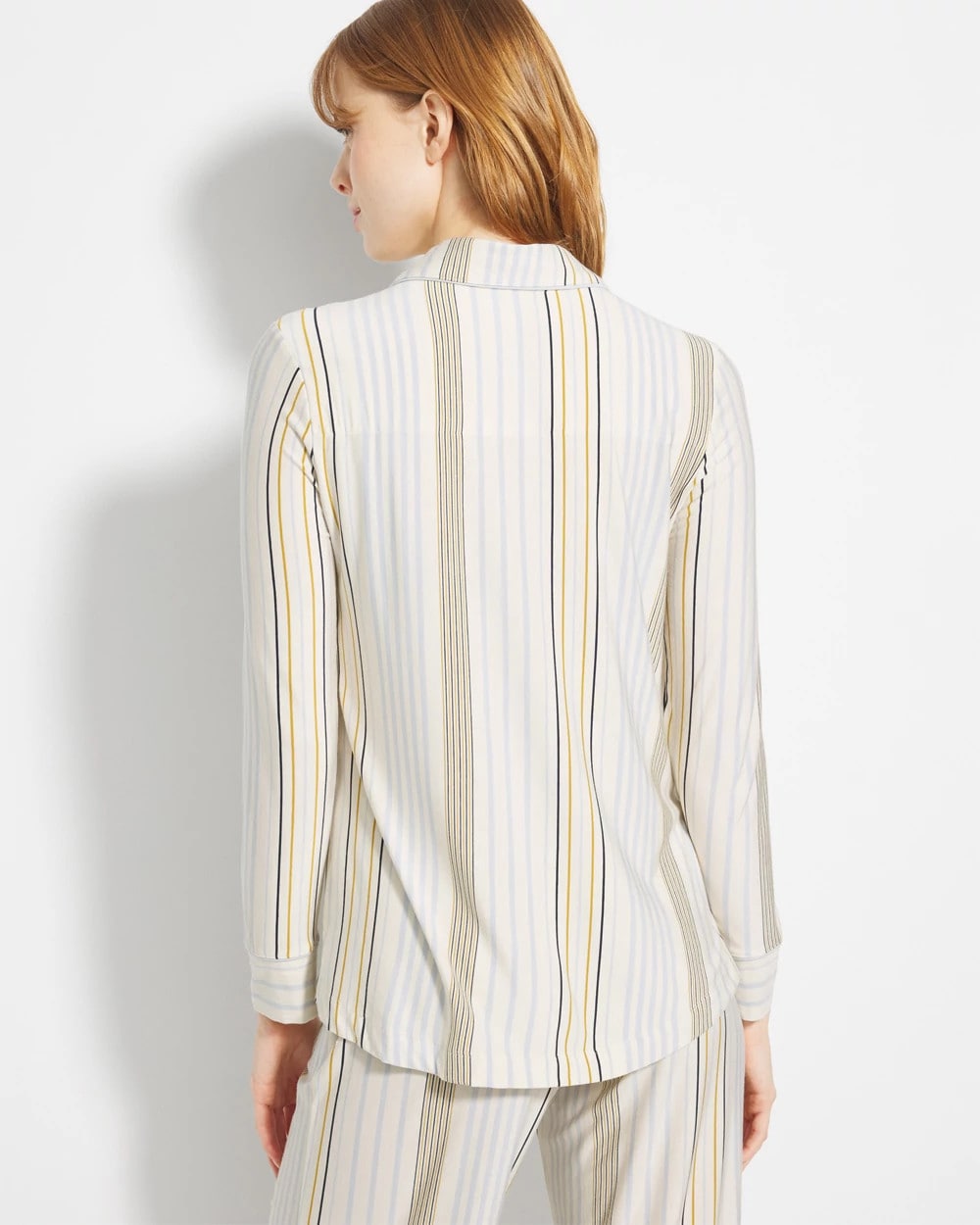 Long-Sleeve Printed Notch Collar Pajama Top - SUMMIT STRIPE CHAMPAGNE | Soma Women