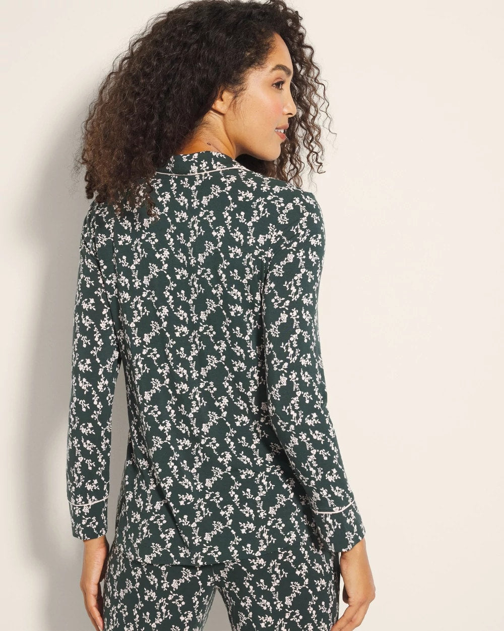 Long-Sleeve Printed Notch Collar Pajama Top - TINY PETALS DK EVERGLADE | Soma Women