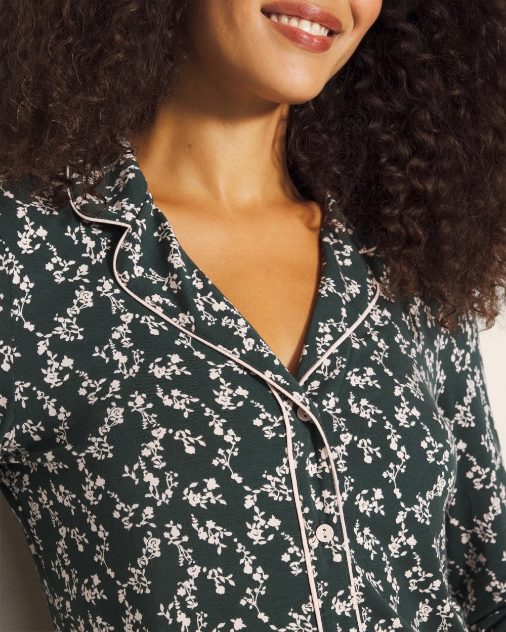 Long-Sleeve Printed Notch Collar Pajama Top - TINY PETALS DK EVERGLADE | Soma Women