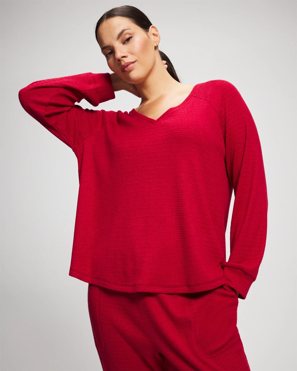 Cozy Waffle Long Sleeve V-Neck Pajama Top - PAINT THE TOWN RED | Soma Women