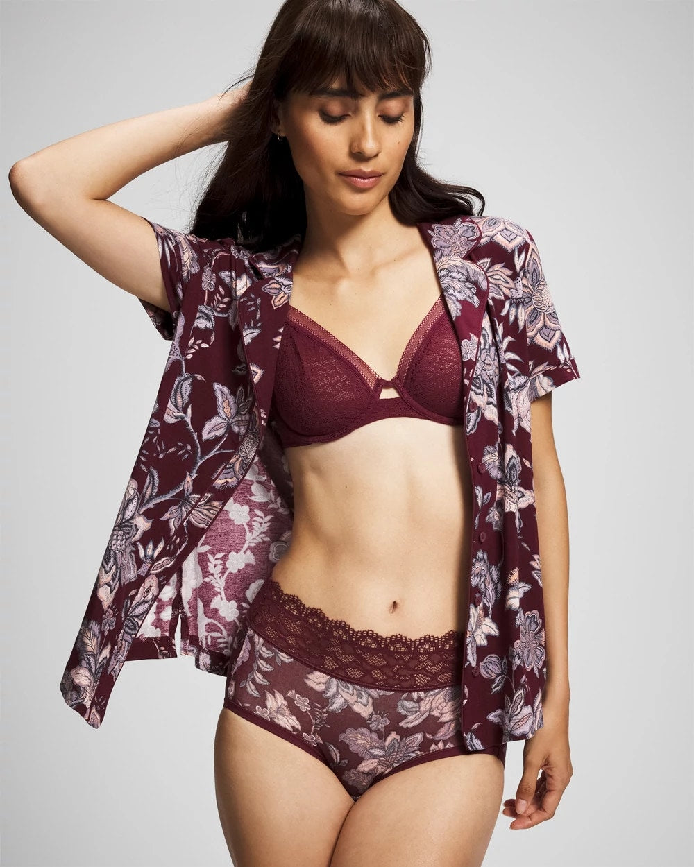 Piped Short Sleeve Notch Collar Pajama Top - PAISLEY SPLENDOR PLUM | Soma Women