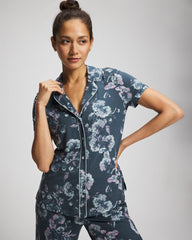 Piped Short Sleeve Notch Collar Pajama Top - FLORA SHIMMER PETROL | Soma Women
