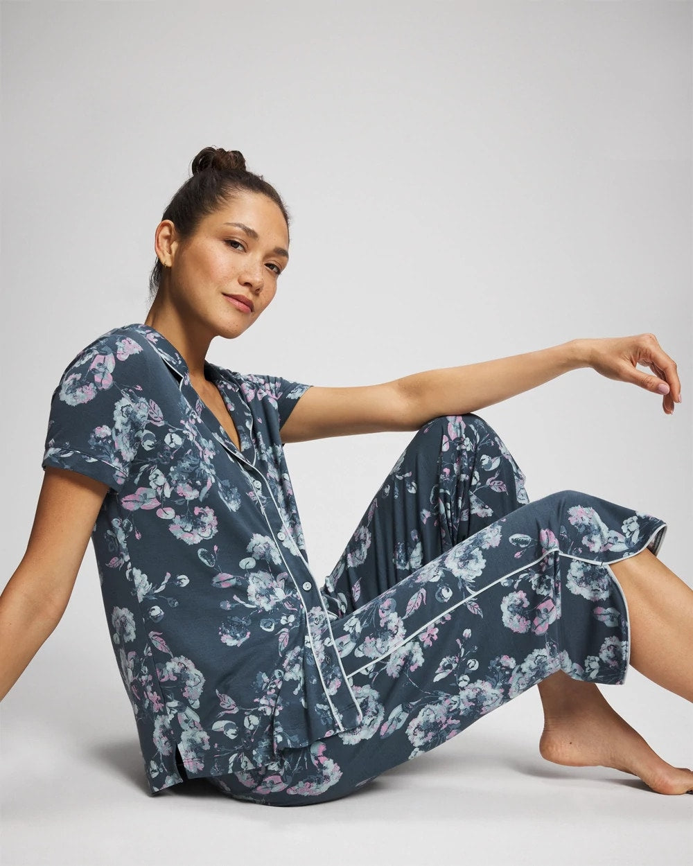 Piped Short Sleeve Notch Collar Pajama Top - FLORA SHIMMER PETROL | Soma Women