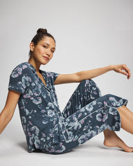 Piped Short Sleeve Notch Collar Pajama Top - FLORA SHIMMER PETROL | Soma Women
