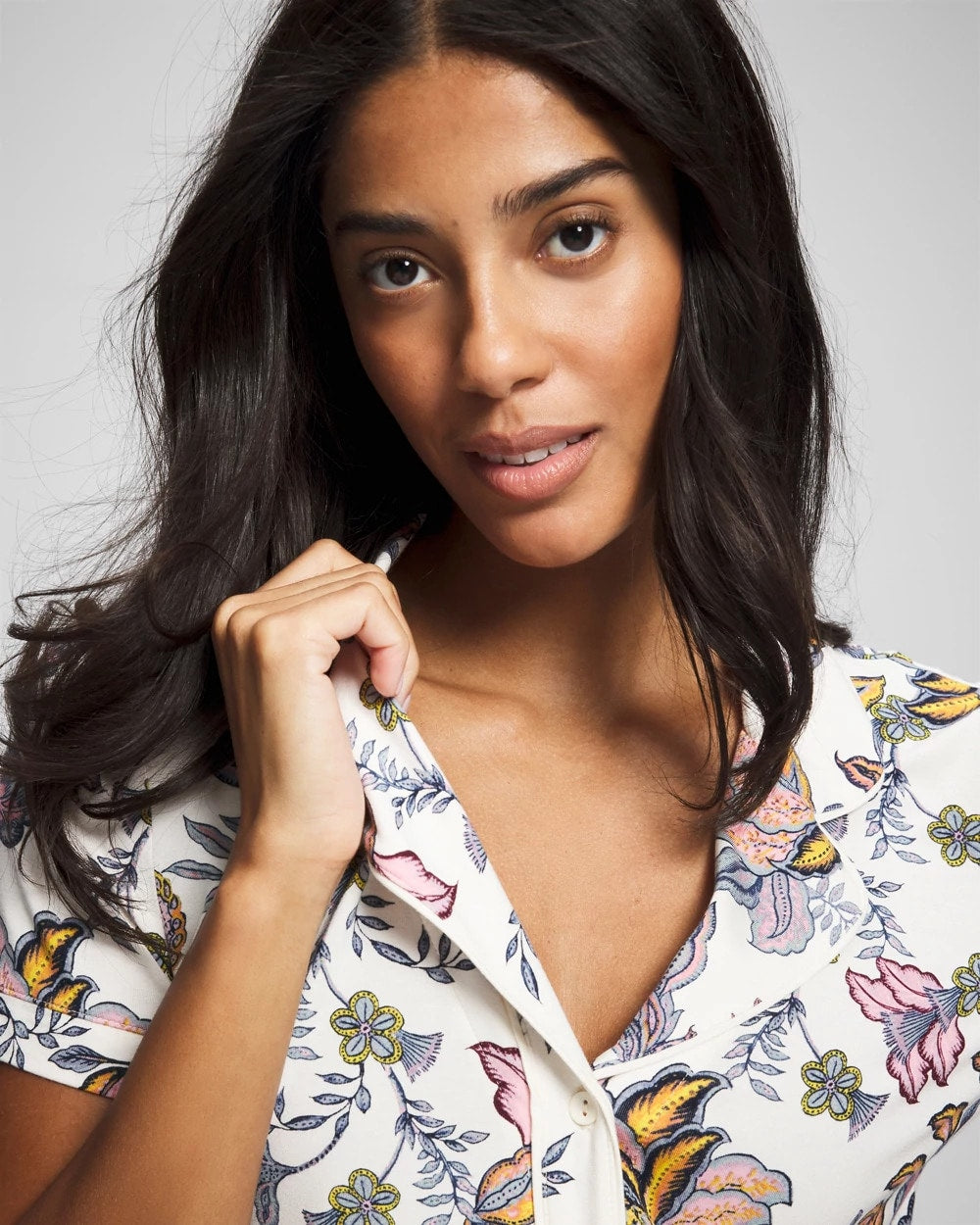 Piped Short Sleeve Notch Collar Pajama Top - PAISLEY SPLENDOR CHAMP | Soma Women