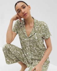 Piped Short Sleeve Notch Collar Pajama Top - PALMTASTIC VETIVER/CHAMP | Soma Women