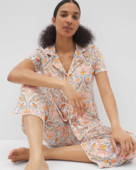 Piped Short Sleeve Notch Collar Pajama Top - VINE PAISLEY CHAMPAGNE M | Soma Women
