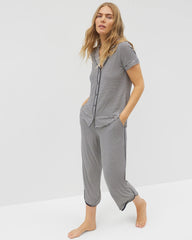 Piped Short Sleeve Notch Collar Pajama Top - NIGHTCAP STRIPE NAVY | Soma Women