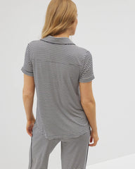 Piped Short Sleeve Notch Collar Pajama Top - NIGHTCAP STRIPE NAVY | Soma Women