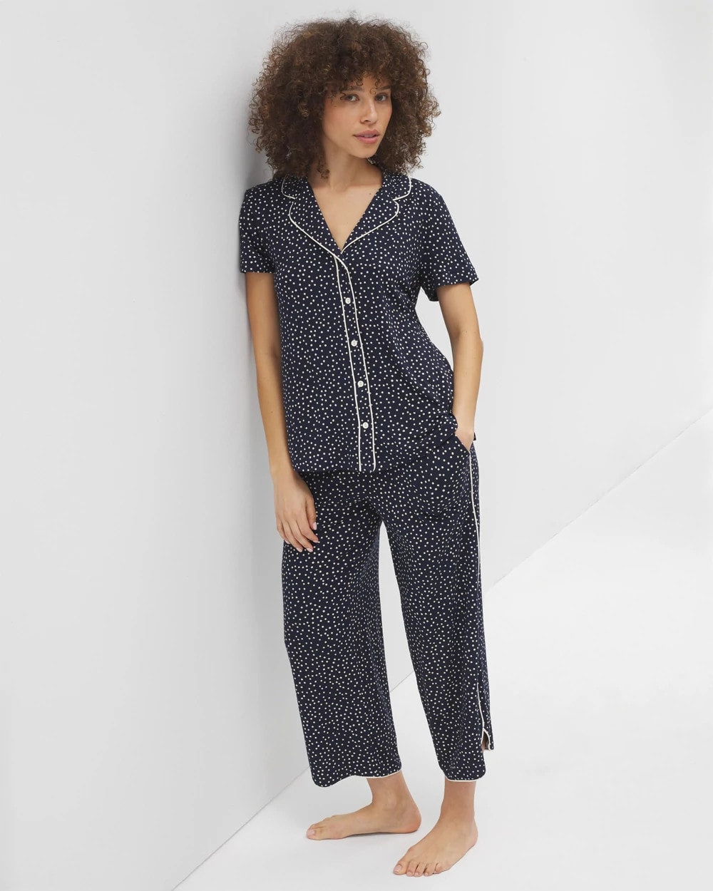 Piped Short Sleeve Notch Collar Pajama Top - DOT OBSESSED NAVY | Soma Women