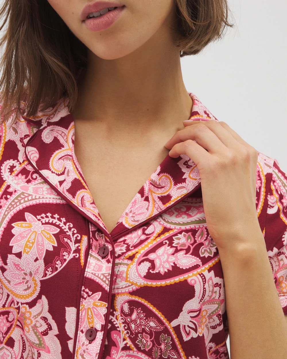 Piped Short Sleeve Notch Collar Pajama Top - KASHMIR PAISLEY KISS | Soma Women