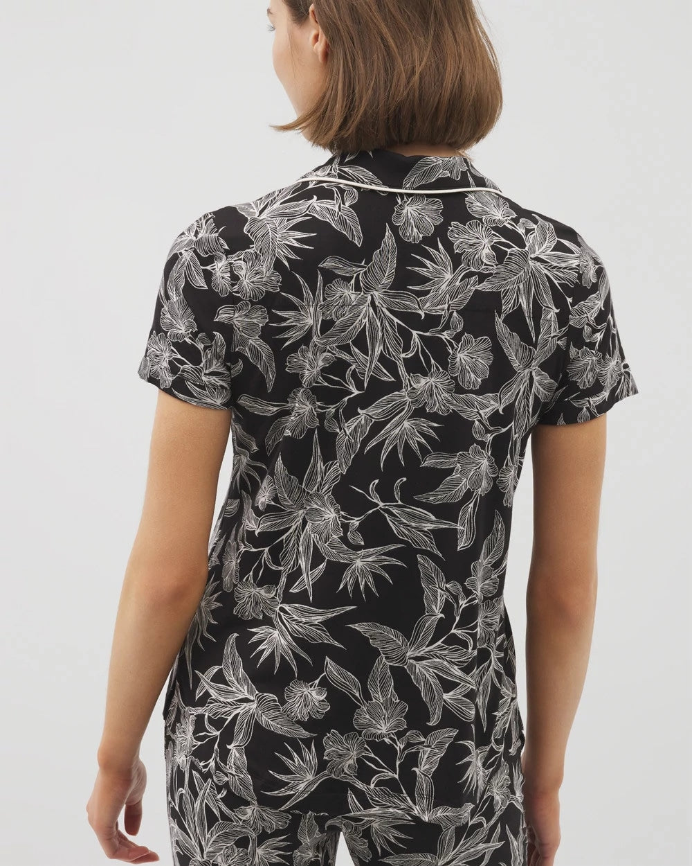 Piped Short Sleeve Notch Collar Pajama Top - PLUMERIA BLOOMS BLK CH | Soma Women
