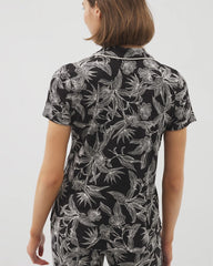 Piped Short Sleeve Notch Collar Pajama Top - PLUMERIA BLOOMS BLK CH | Soma Women