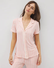 Piped Short Sleeve Notch Collar Pajama Top - SUNNY STRIPES CHAMPAGNE | Soma Women