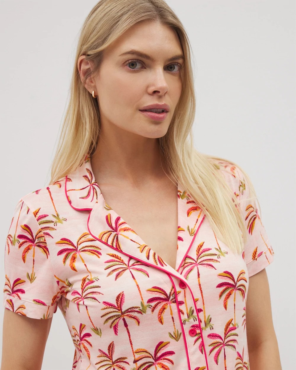 Piped Short Sleeve Notch Collar Pajama Top - SHAKE YOUR PALM PALMS P | Soma Women