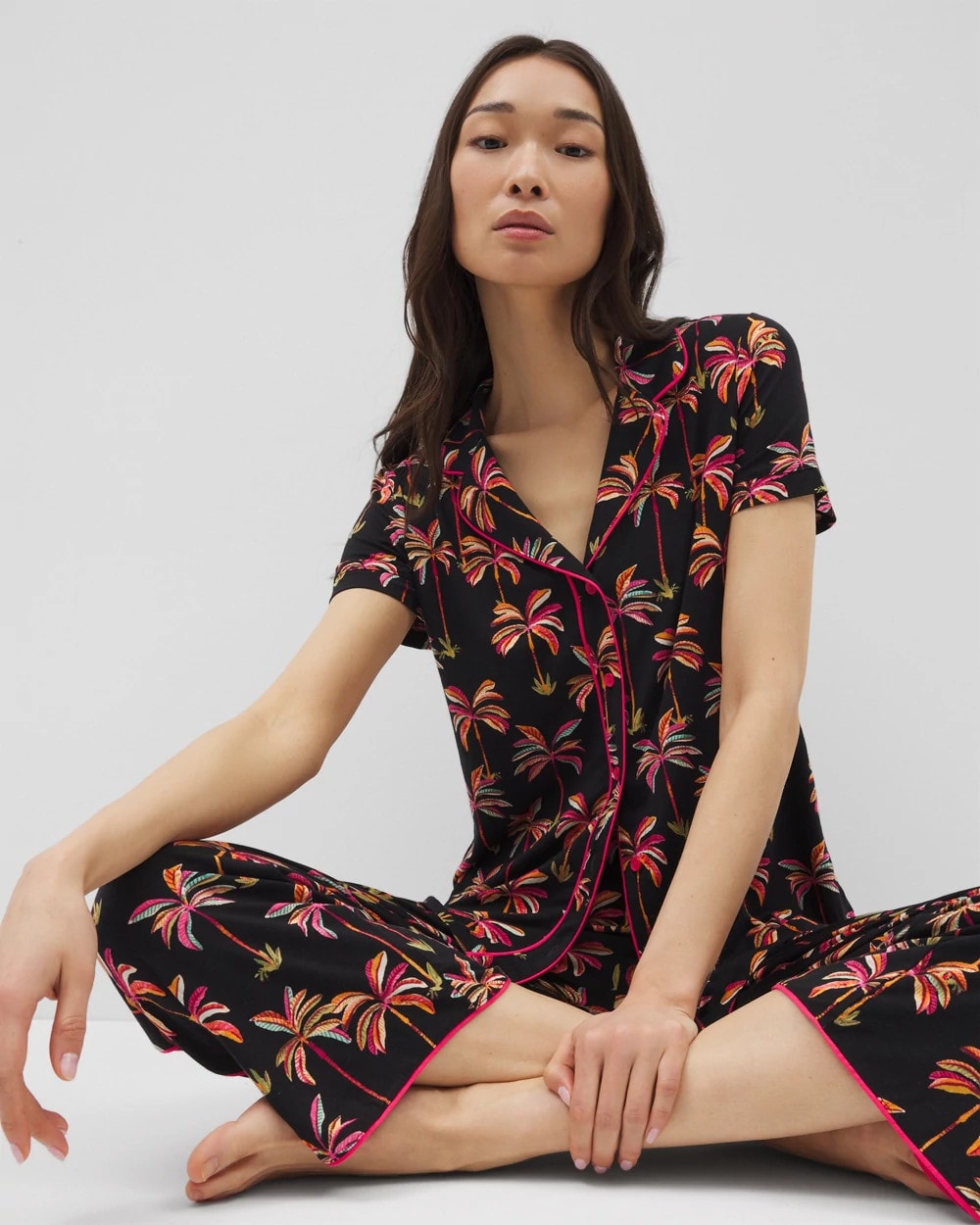 Piped Short Sleeve Notch Collar Pajama Top - SHAKE YOUR PALM PALMS BLK | Soma Women