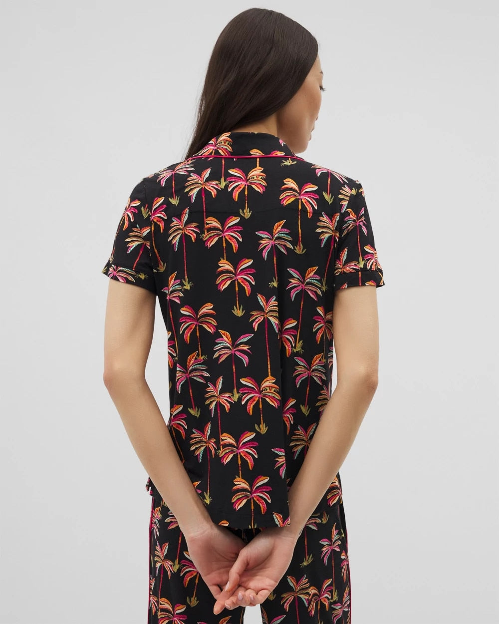 Piped Short Sleeve Notch Collar Pajama Top - SHAKE YOUR PALM PALMS BLK | Soma Women