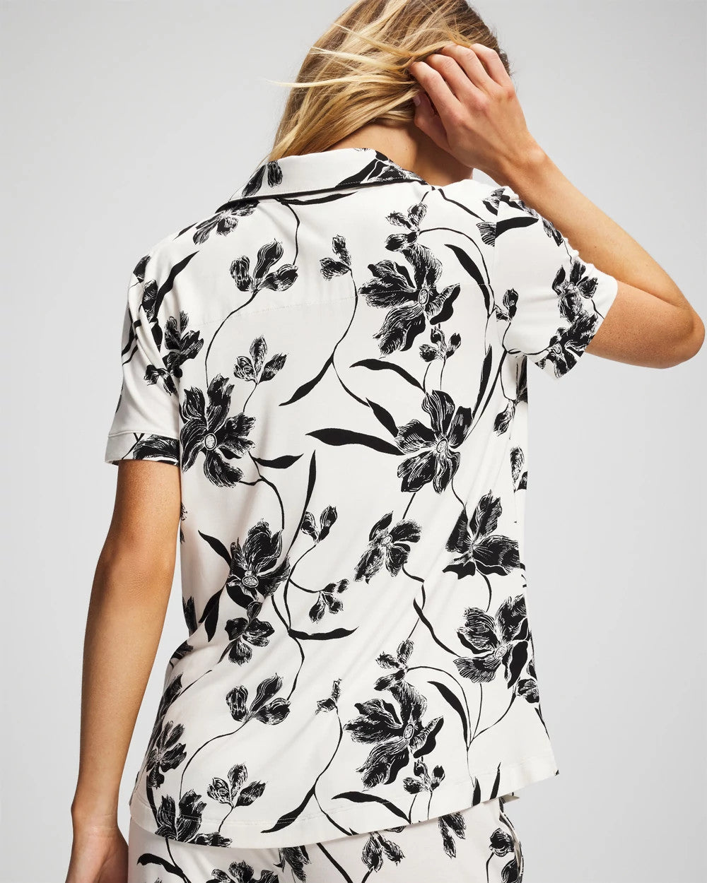 Piped Short Sleeve Notch Collar Pajama Top - REFLECTION BLOOMS CHAMP | Soma Women