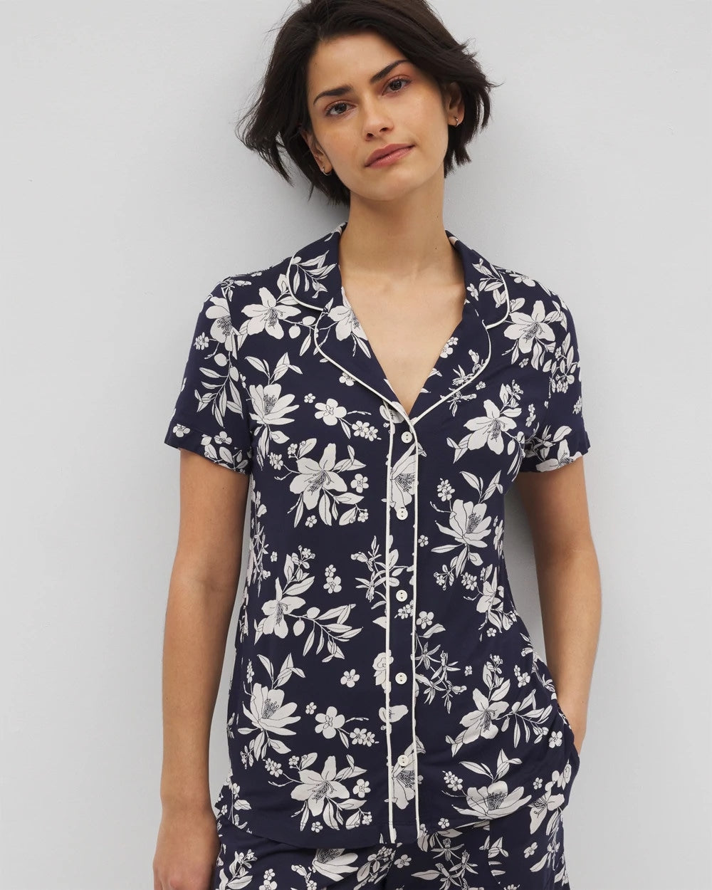 Piped Short Sleeve Notch Collar Pajama Top - PLUMERIA DREAM NAVY | Soma Women