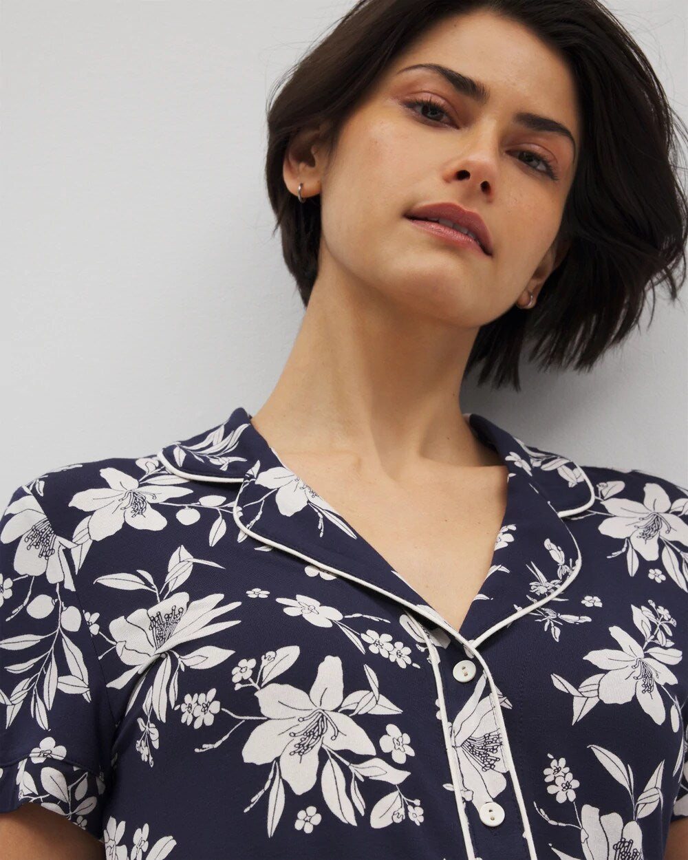 Piped Short Sleeve Notch Collar Pajama Top - PLUMERIA DREAM NAVY | Soma Women