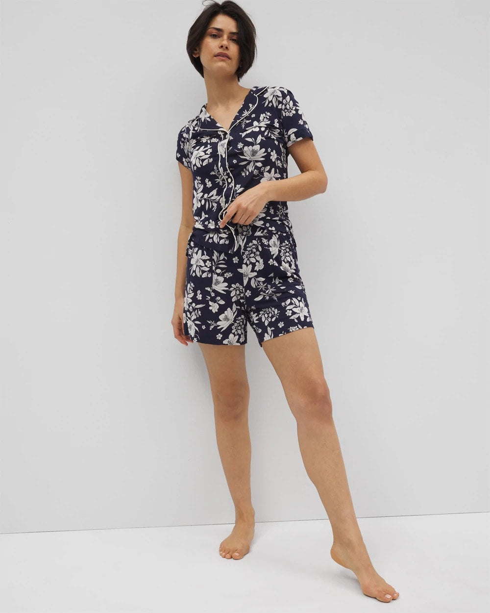 Piped Short Sleeve Notch Collar Pajama Top - PLUMERIA DREAM NAVY | Soma Women
