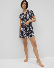 Piped Short Sleeve Notch Collar Pajama Top - PLUMERIA DREAM NAVY | Soma Women