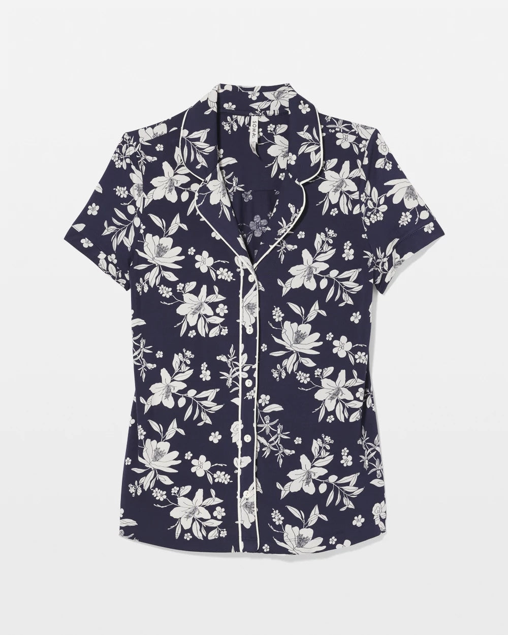 Piped Short Sleeve Notch Collar Pajama Top - PLUMERIA DREAM NAVY | Soma Women