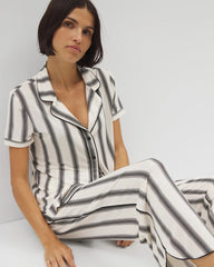 Piped Short Sleeve Notch Collar Pajama Top - HAMPTON STRIPE BLACK | Soma Women