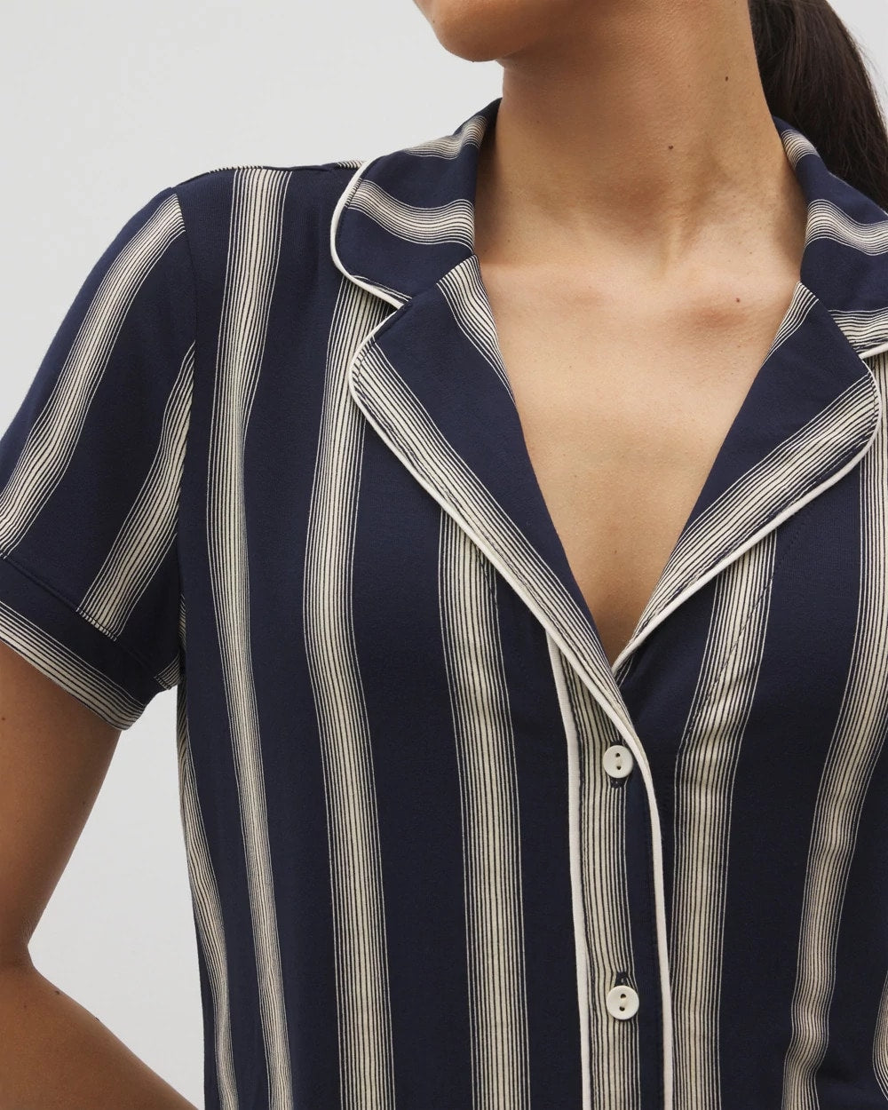 Piped Short Sleeve Notch Collar Pajama Top - HAMPTON STRIPE NA CHAMP | Soma Women