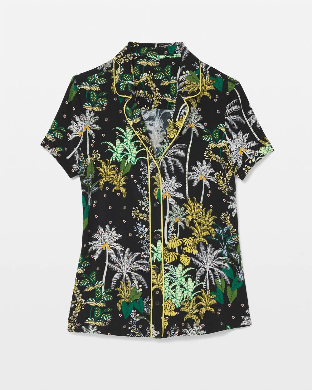 Piped Short Sleeve Notch Collar Pajama Top - OASIS PALMS BLACK/WS | Soma Women