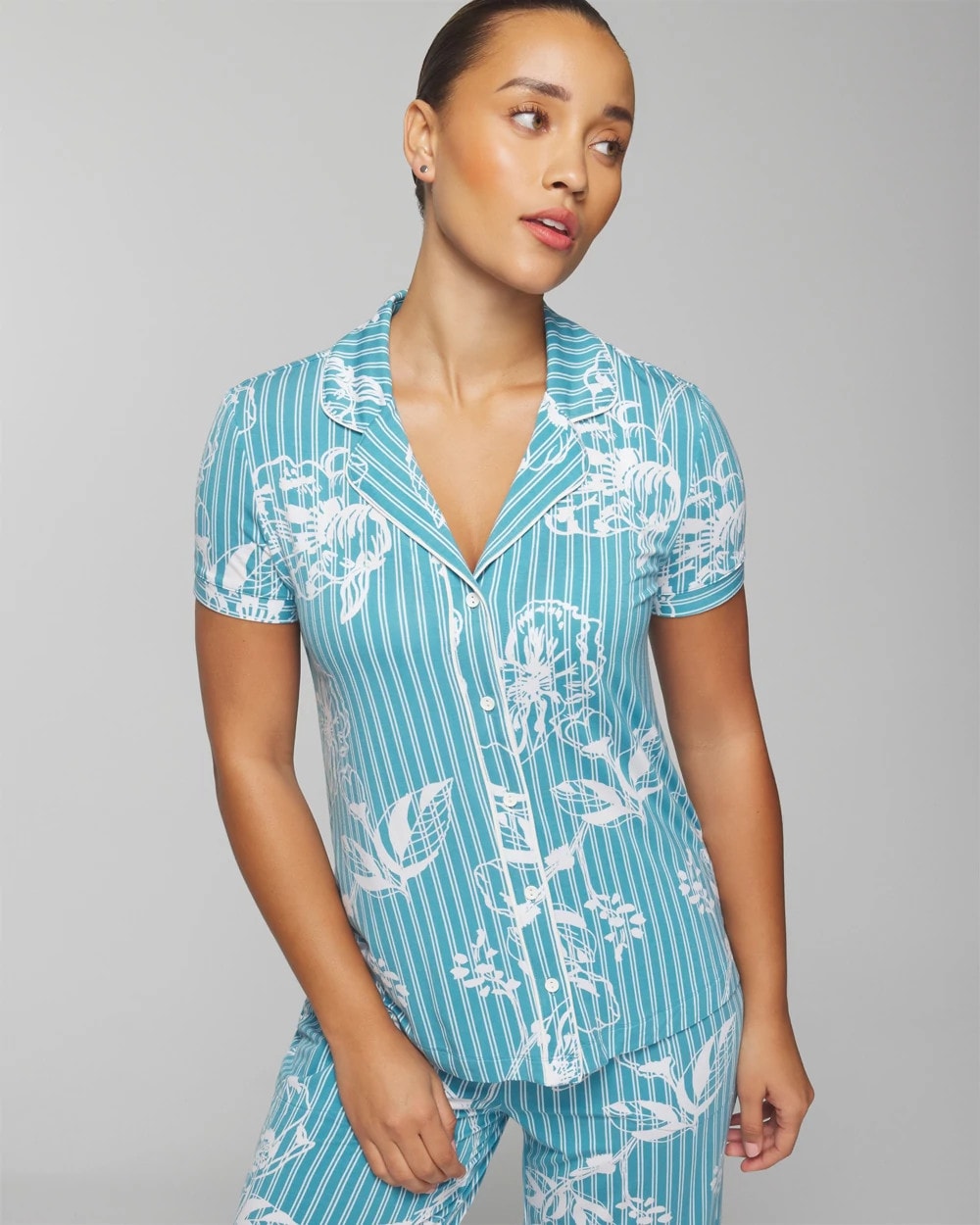 Piped Short Sleeve Notch Collar Pajama Top - PAINTED PETALS SMALL | Soma Women